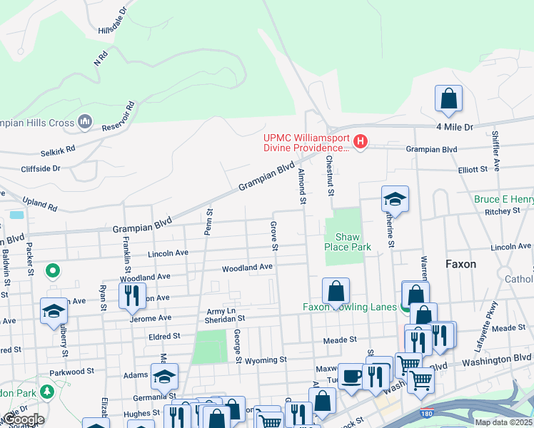map of restaurants, bars, coffee shops, grocery stores, and more near 725 Harding Avenue in Williamsport