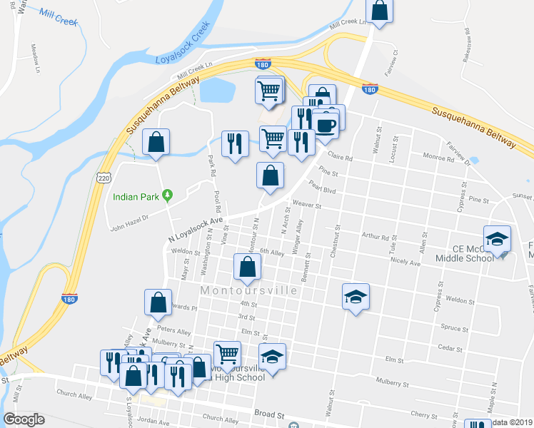 map of restaurants, bars, coffee shops, grocery stores, and more near 625 Montour Street North in Montoursville