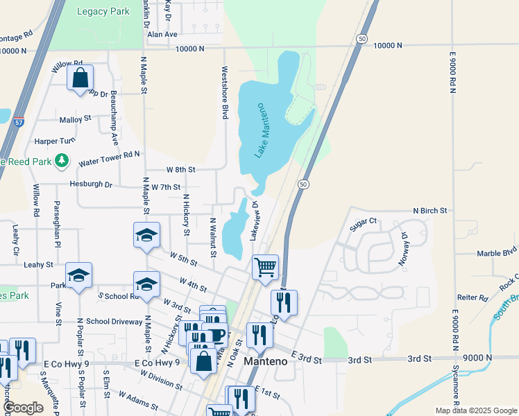 map of restaurants, bars, coffee shops, grocery stores, and more near 735 Lakeview Drive in Manteno