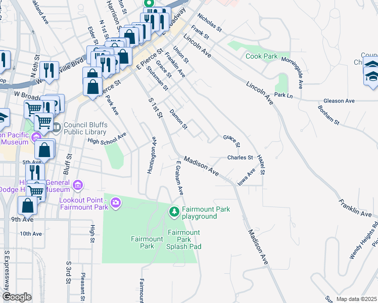 map of restaurants, bars, coffee shops, grocery stores, and more near 725 Madison Avenue in Council Bluffs