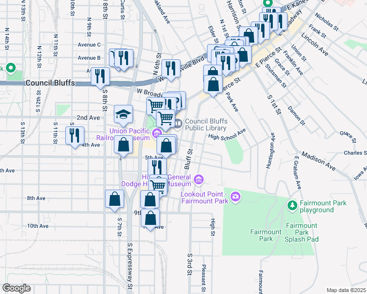 map of restaurants, bars, coffee shops, grocery stores, and more near 217 Bluff Street in Council Bluffs