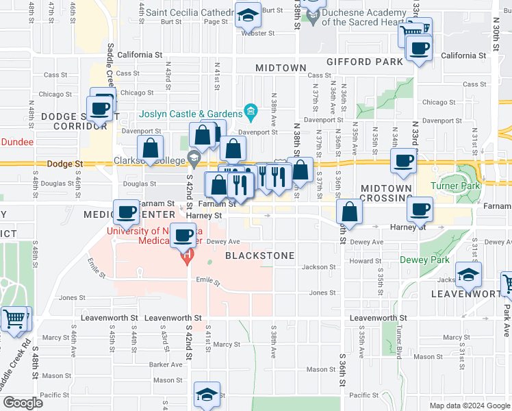 map of restaurants, bars, coffee shops, grocery stores, and more near 3870 Harney Street in Omaha