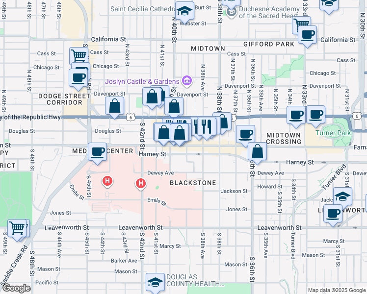 map of restaurants, bars, coffee shops, grocery stores, and more near 3870 Harney Street in Omaha