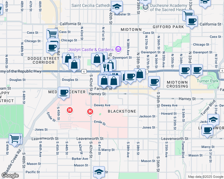 map of restaurants, bars, coffee shops, grocery stores, and more near 3926 Harney Street in Omaha