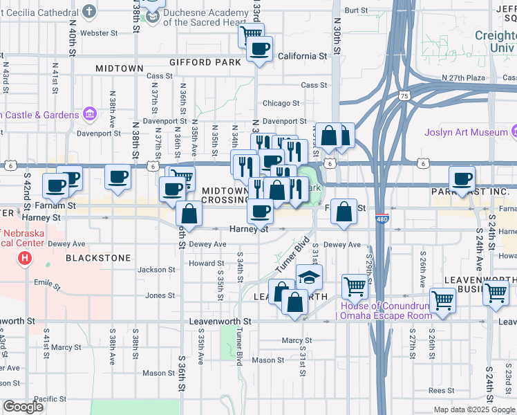 map of restaurants, bars, coffee shops, grocery stores, and more near 3201 Farnam Street in Omaha
