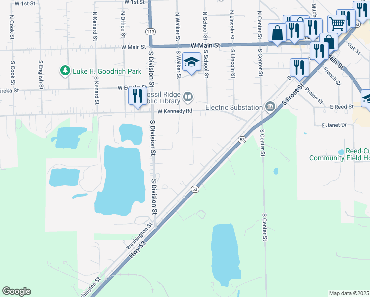 map of restaurants, bars, coffee shops, grocery stores, and more near 366 South Francis Street in Braidwood