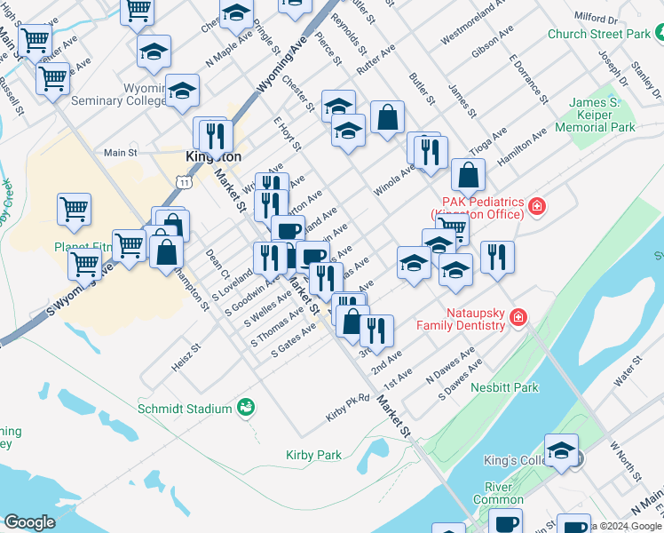 map of restaurants, bars, coffee shops, grocery stores, and more near 51 North Welles Avenue in Kingston