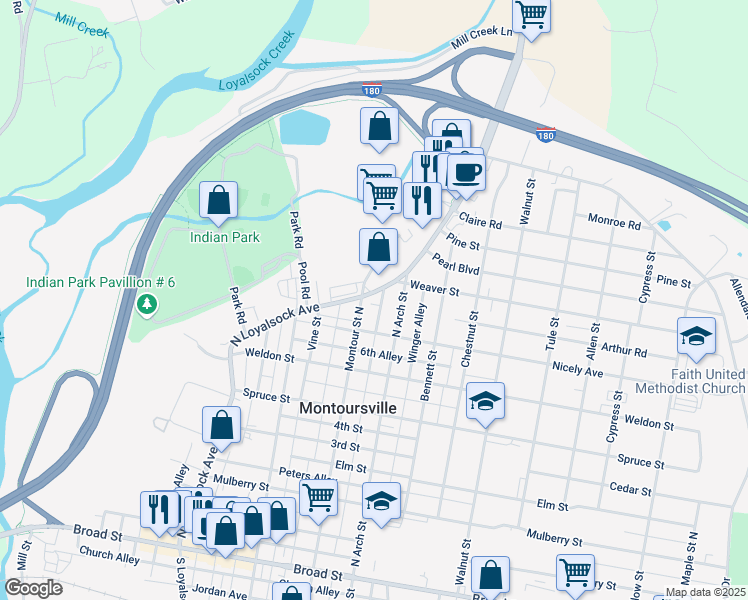 map of restaurants, bars, coffee shops, grocery stores, and more near 628 Montour Street North in Montoursville