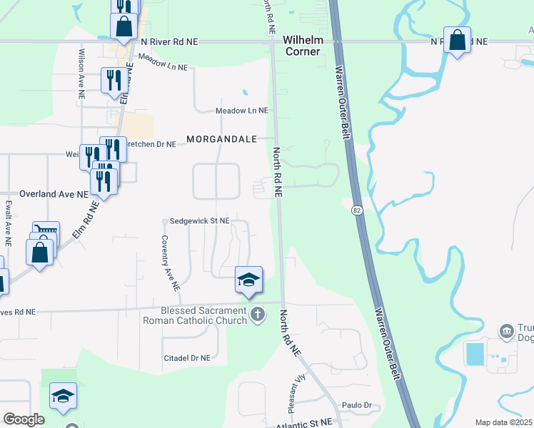 map of restaurants, bars, coffee shops, grocery stores, and more near 1885 North Road Northeast in Warren