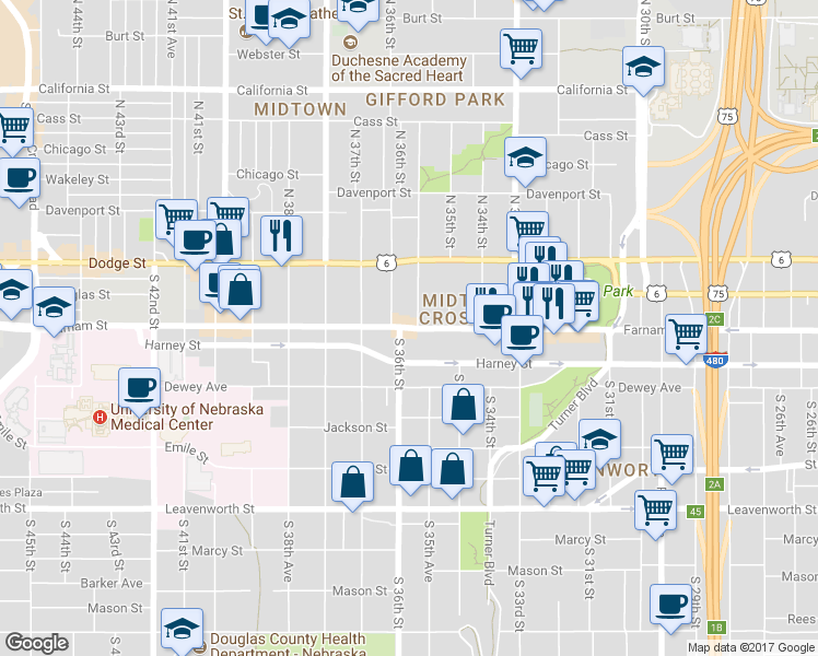 map of restaurants, bars, coffee shops, grocery stores, and more near 3558 Farnam Street in Omaha