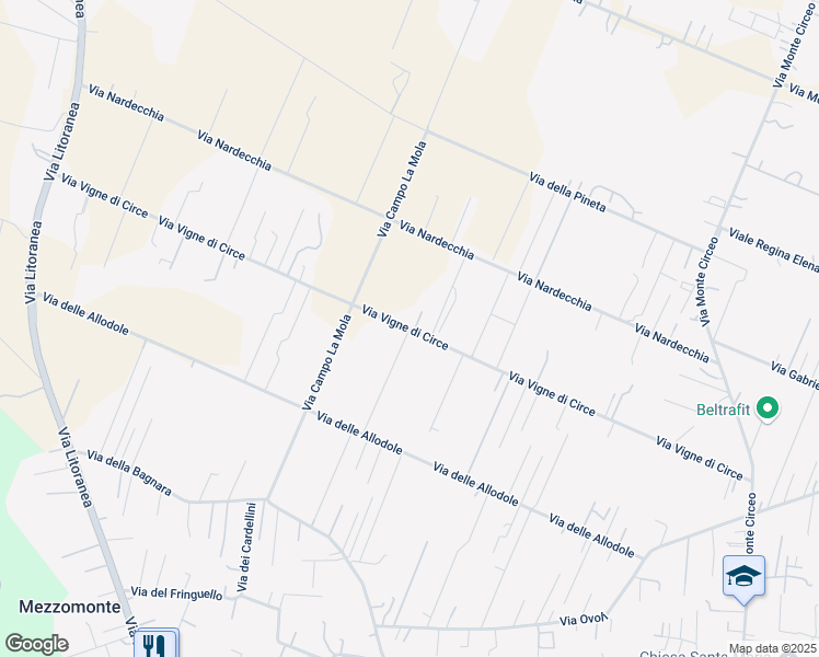 map of restaurants, bars, coffee shops, grocery stores, and more near Via Ovoli in San Felice Circeo