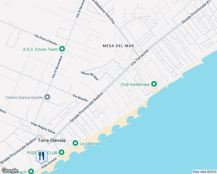 map of restaurants, bars, coffee shops, grocery stores, and more near Golfo Sereno in San Felice Circeo