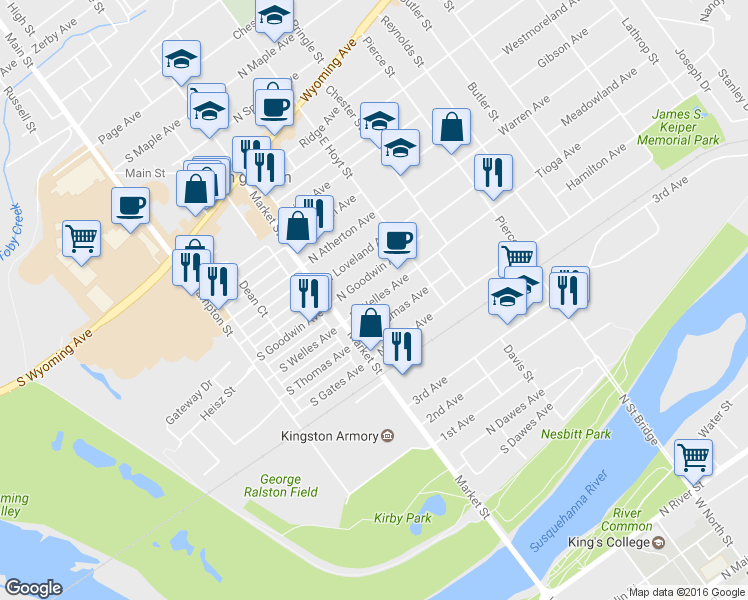 map of restaurants, bars, coffee shops, grocery stores, and more near 50 North Welles Avenue in Kingston