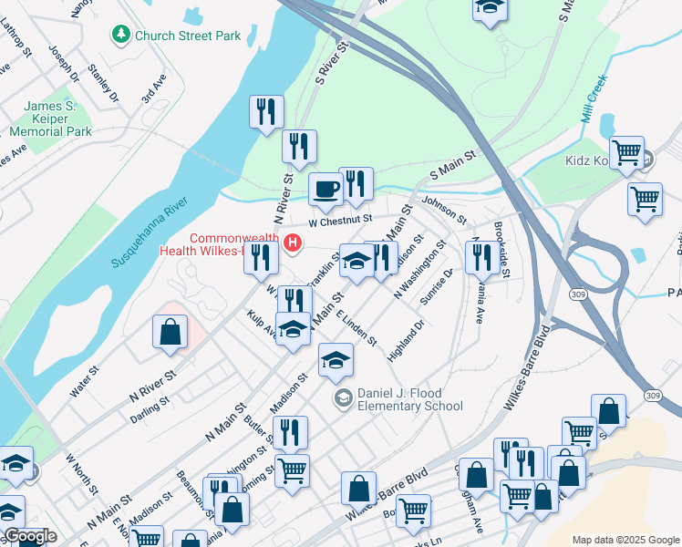 map of restaurants, bars, coffee shops, grocery stores, and more near 612 North Main Street in Wilkes-Barre