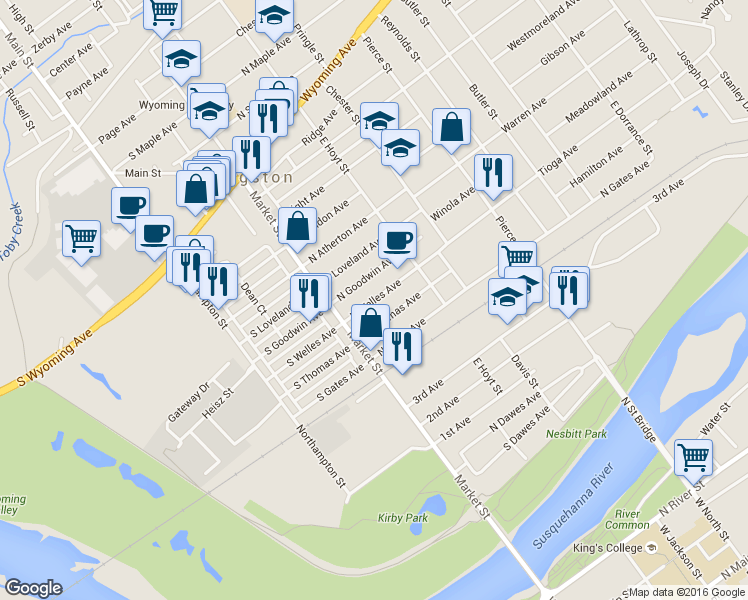 map of restaurants, bars, coffee shops, grocery stores, and more near 52 North Welles Avenue in Kingston