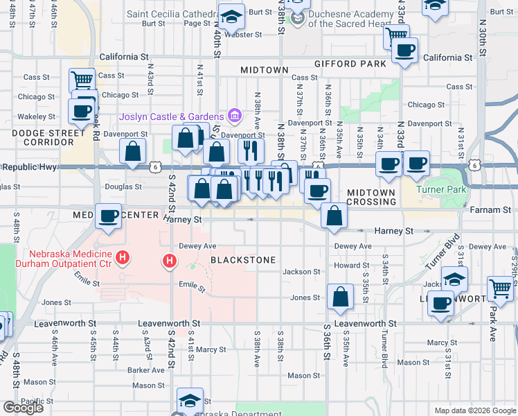 map of restaurants, bars, coffee shops, grocery stores, and more near 3817 Farnam Street in Omaha