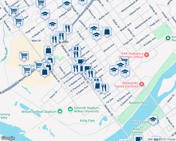 map of restaurants, bars, coffee shops, grocery stores, and more near 30-32 Welles St in Kingston