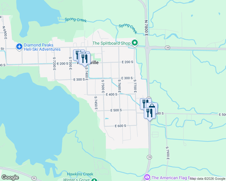 map of restaurants, bars, coffee shops, grocery stores, and more near 7562 East 400 South in Huntsville