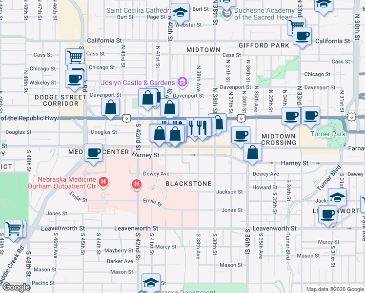 map of restaurants, bars, coffee shops, grocery stores, and more near Farnam St & S 39th St in Omaha