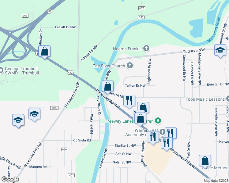 map of restaurants, bars, coffee shops, grocery stores, and more near 3120 Parkman Road Northwest in Warren