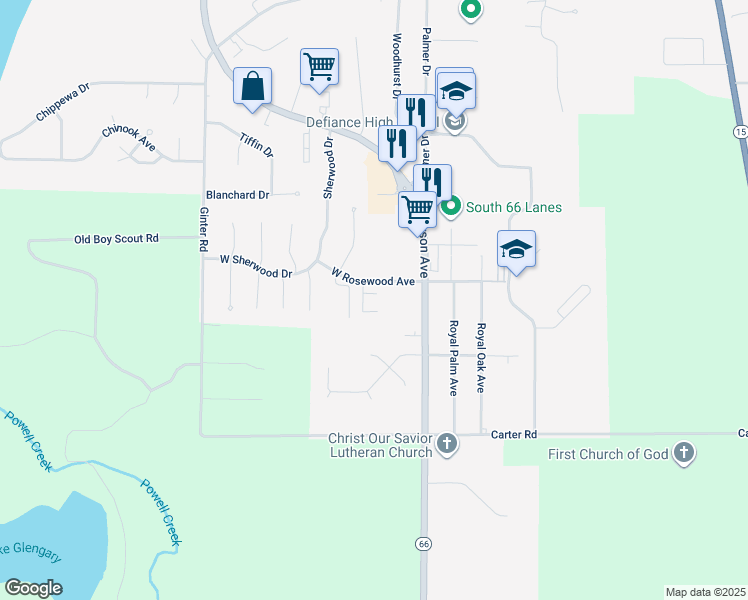 map of restaurants, bars, coffee shops, grocery stores, and more near 30 Castle Court in Defiance