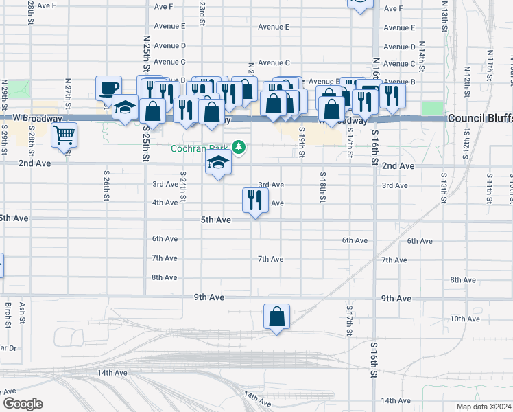 map of restaurants, bars, coffee shops, grocery stores, and more near 406 South 21st Street in Council Bluffs