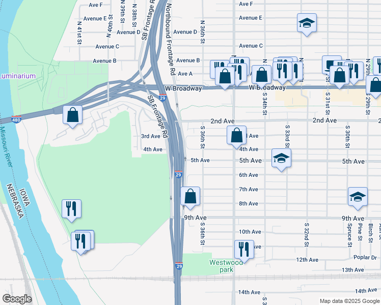 map of restaurants, bars, coffee shops, grocery stores, and more near 3620 5th Avenue in Council Bluffs