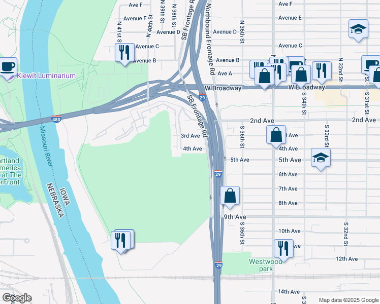 map of restaurants, bars, coffee shops, grocery stores, and more near 3725 4th Avenue in Council Bluffs