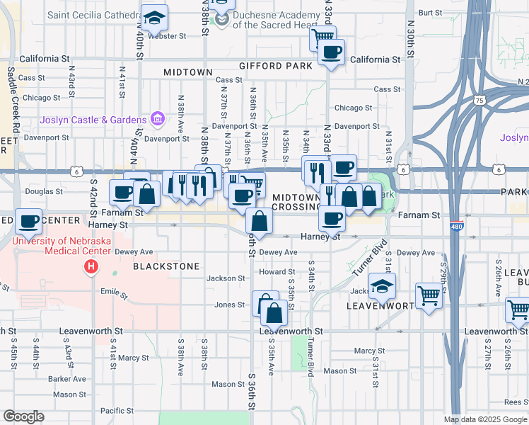 map of restaurants, bars, coffee shops, grocery stores, and more near 3555 Farnam Street in Omaha