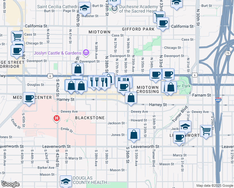 map of restaurants, bars, coffee shops, grocery stores, and more near 302 South 36th Street in Omaha