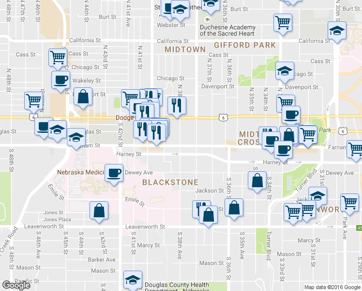 map of restaurants, bars, coffee shops, grocery stores, and more near 3817 Farnam Street in Omaha