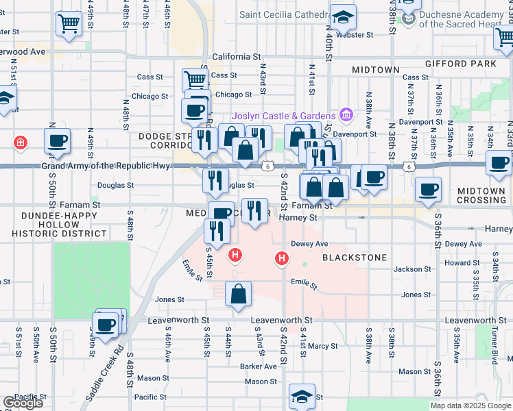 map of restaurants, bars, coffee shops, grocery stores, and more near 4239 Farnam St in Omaha