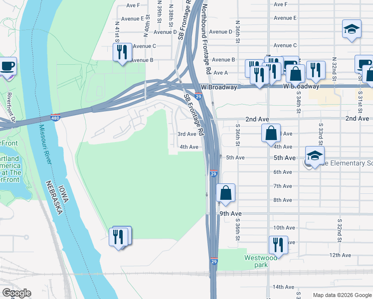 map of restaurants, bars, coffee shops, grocery stores, and more near 3725 4th Avenue in Council Bluffs