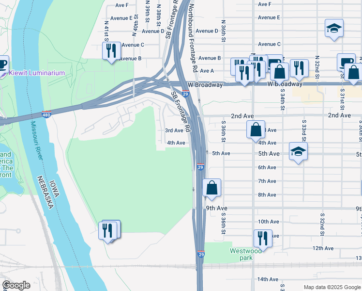 map of restaurants, bars, coffee shops, grocery stores, and more near 3725 4th Avenue in Council Bluffs