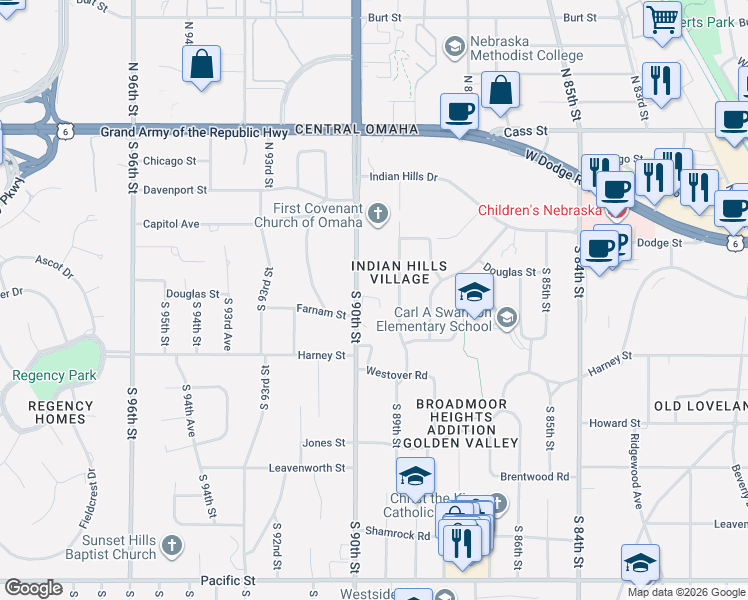 map of restaurants, bars, coffee shops, grocery stores, and more near 8914 Farnam Court in Omaha