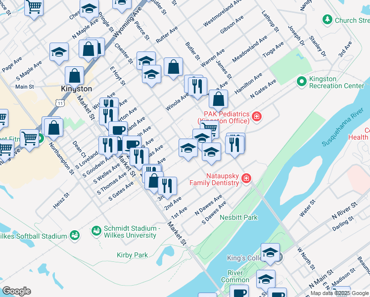 map of restaurants, bars, coffee shops, grocery stores, and more near 81 N Gates Ave in Kingston