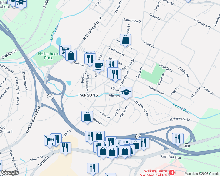 map of restaurants, bars, coffee shops, grocery stores, and more near 10-12 Kresge Street in Wilkes-Barre
