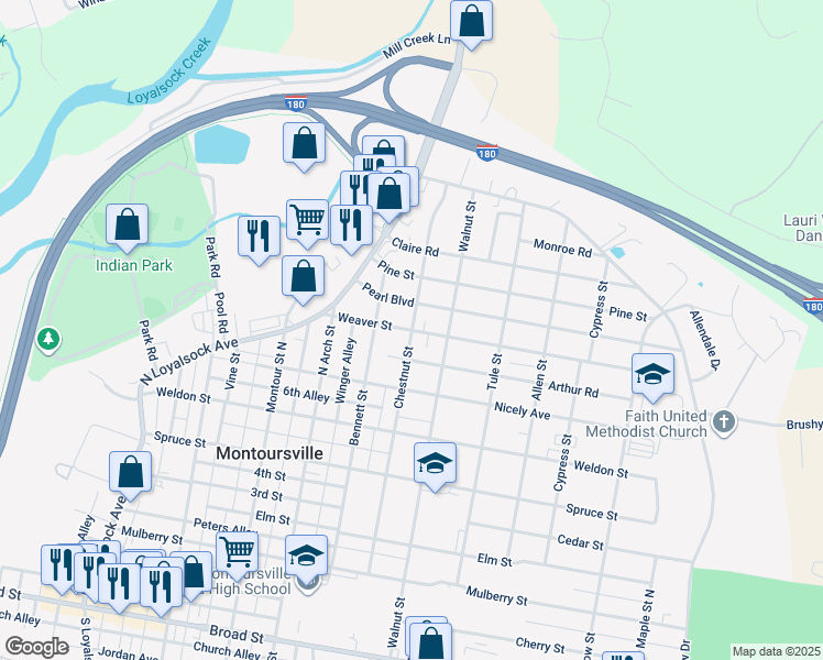 map of restaurants, bars, coffee shops, grocery stores, and more near 800 Weaver Street in Montoursville