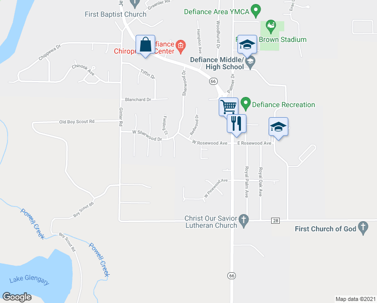 map of restaurants, bars, coffee shops, grocery stores, and more near 245 West Rosewood Avenue in Defiance