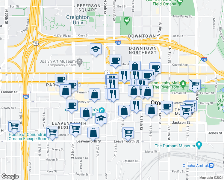 map of restaurants, bars, coffee shops, grocery stores, and more near 1904 Farnam Street in Omaha