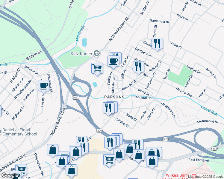 map of restaurants, bars, coffee shops, grocery stores, and more near 12 Gore Street in Wilkes-Barre
