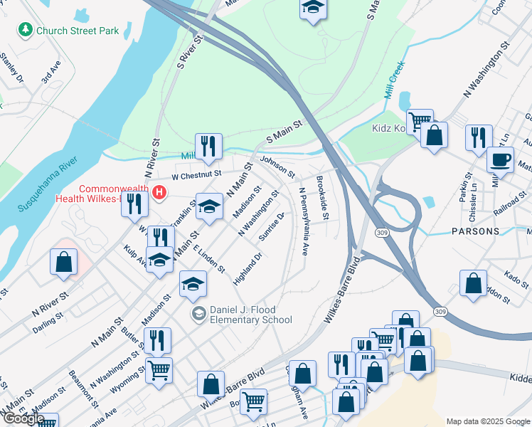map of restaurants, bars, coffee shops, grocery stores, and more near 715 North Washington Street in Wilkes-Barre