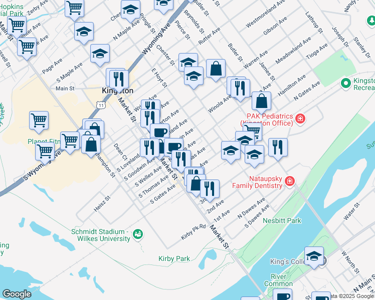 map of restaurants, bars, coffee shops, grocery stores, and more near 44 North Thomas Avenue in Kingston