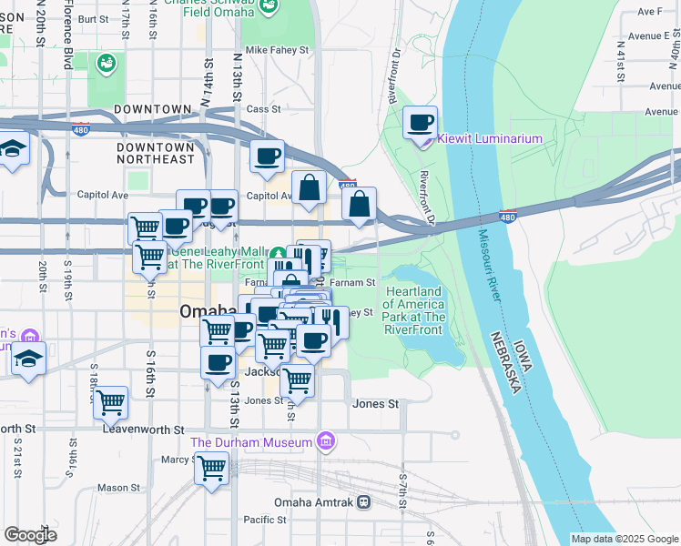 map of restaurants, bars, coffee shops, grocery stores, and more near 900 Farnam Street in Omaha