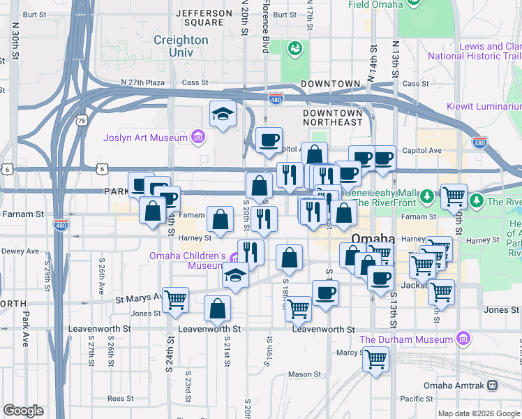 map of restaurants, bars, coffee shops, grocery stores, and more near in Omaha