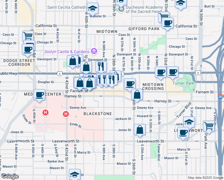 map of restaurants, bars, coffee shops, grocery stores, and more near 3817 Farnam Street in Omaha