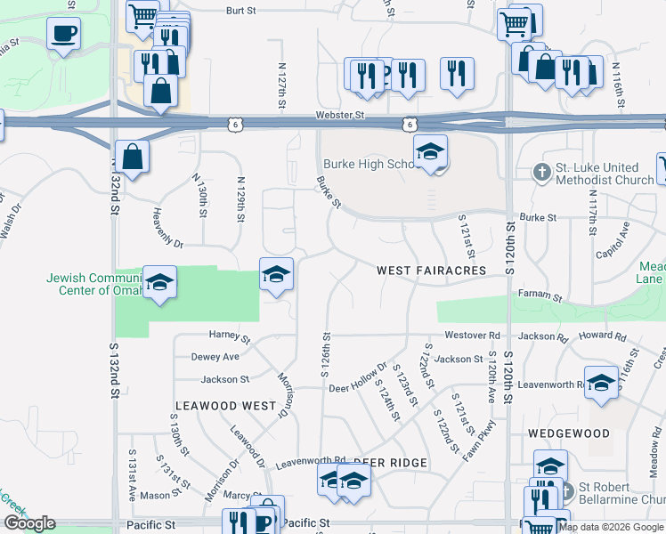 map of restaurants, bars, coffee shops, grocery stores, and more near 12615 Harney Circle in Omaha