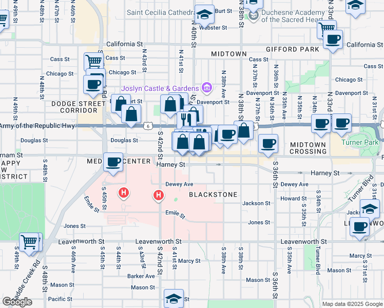 map of restaurants, bars, coffee shops, grocery stores, and more near 3930 Farnam Street in Omaha