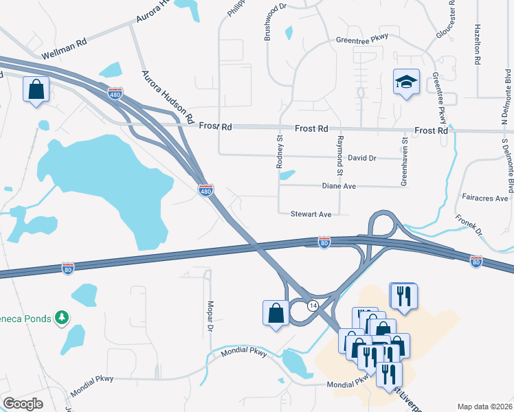 map of restaurants, bars, coffee shops, grocery stores, and more near 568 Edmond Avenue in Streetsboro