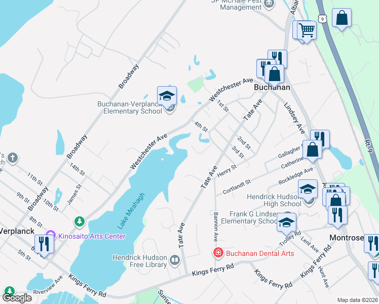 map of restaurants, bars, coffee shops, grocery stores, and more near 8 Donahue Court in Buchanan